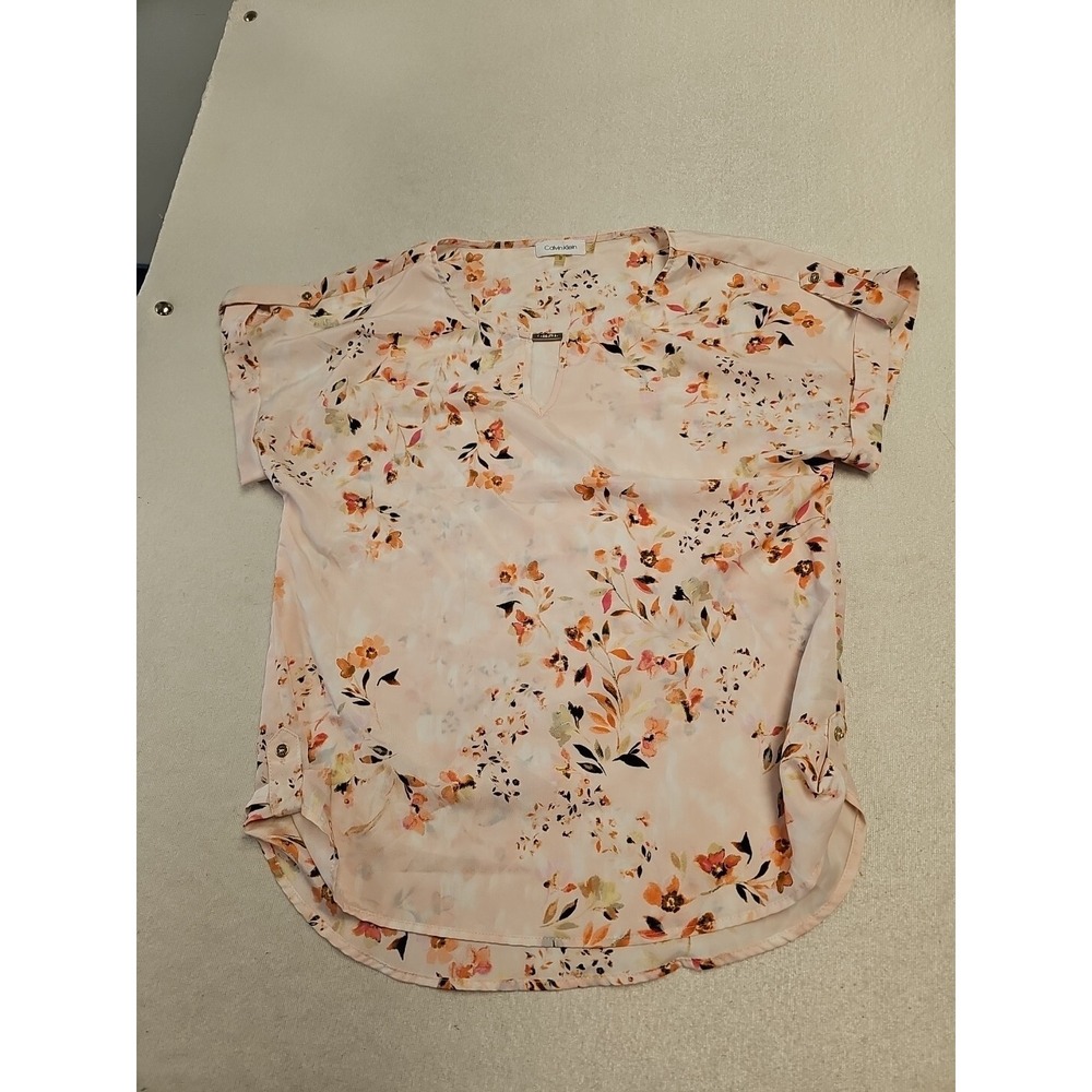 Calvin Klein Key Hole Top Blouse Pink Watercolor Womens M Cuffed Sleeve Sheer